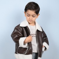 کاپشن چرم پسرانه طرح ساده رنگ قهوهای