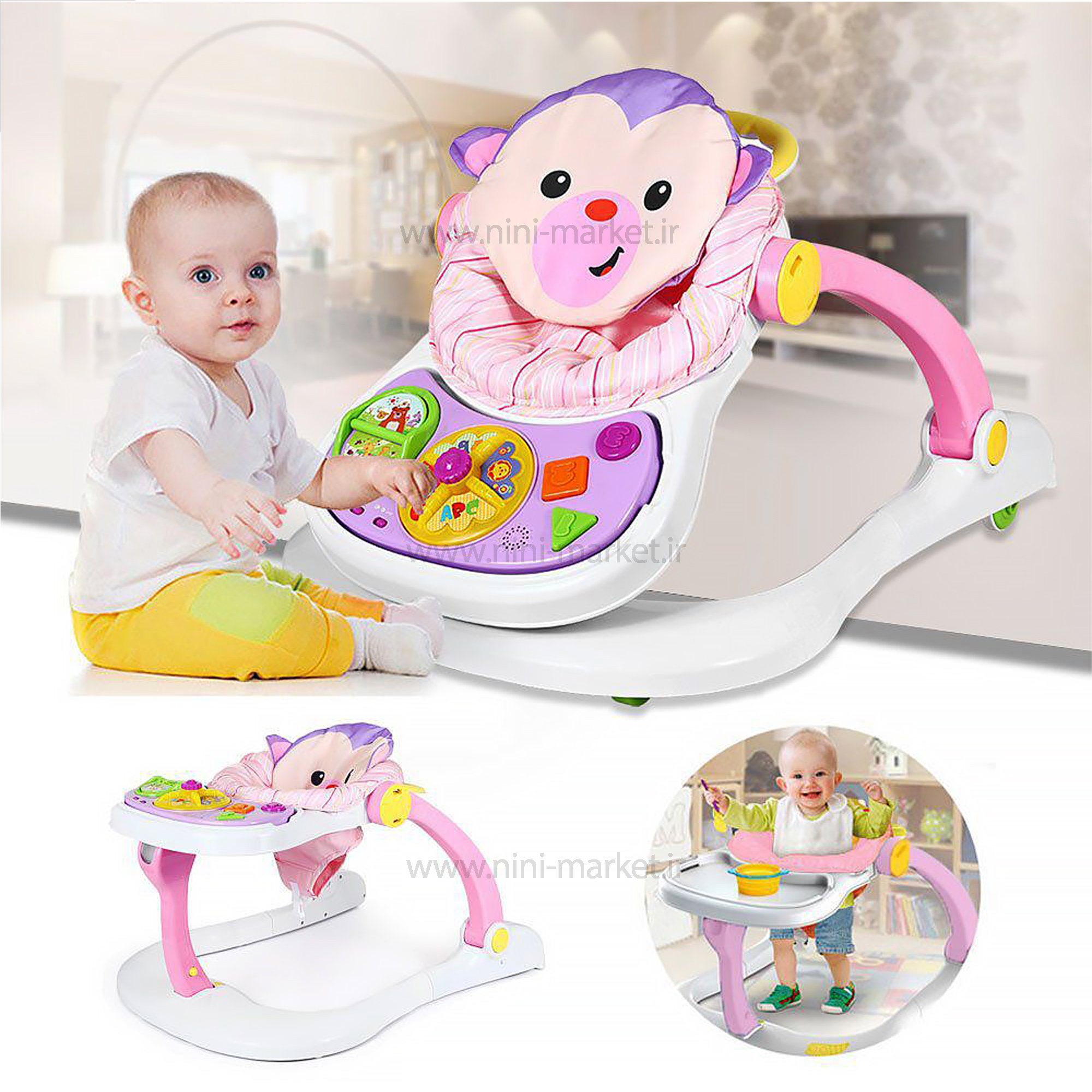 ویژگی روروئک دو کاره رنگ سفيد بنفش کد 3689 برند baby love